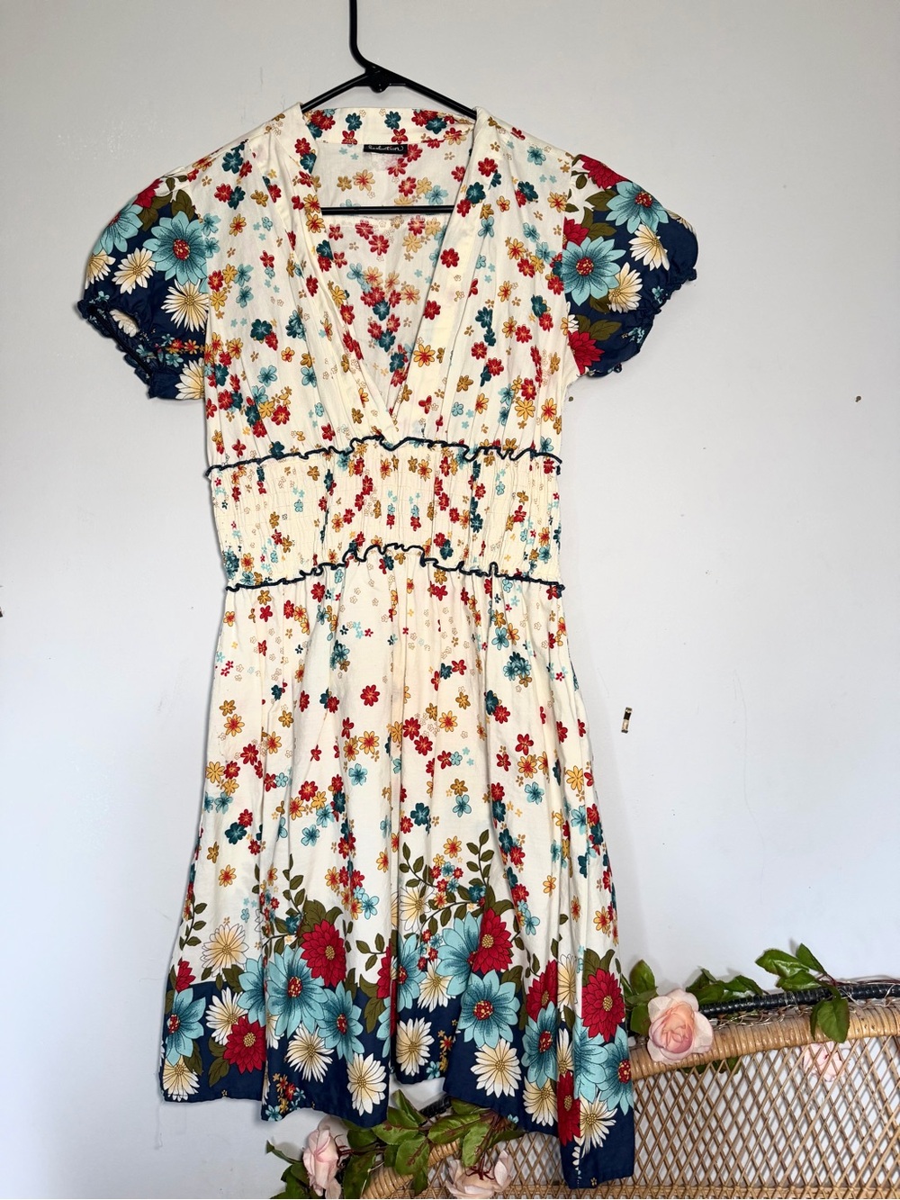 Cream Floral V-Neck Summer Dress with Teal & Red Flowers